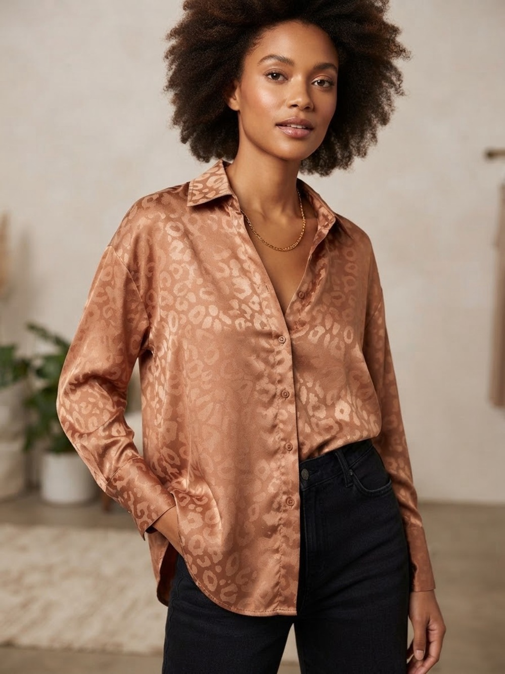 ANDTHEWHY Satin Leopard-Jacquard Button-Down Big Shirt S 22” p2p Copper NWT